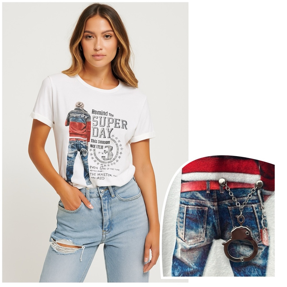 SUPERDAY | White 3D Handcuffs Jeans Print Tee T-Shirt